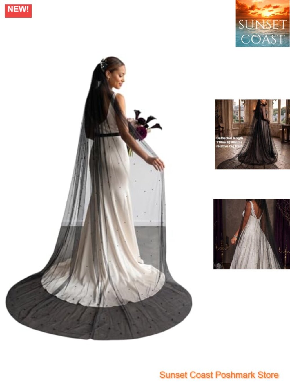 Black Pearl Bridal Veil Gothic Wedding Veil with Metal Comb Chapel Cathedral